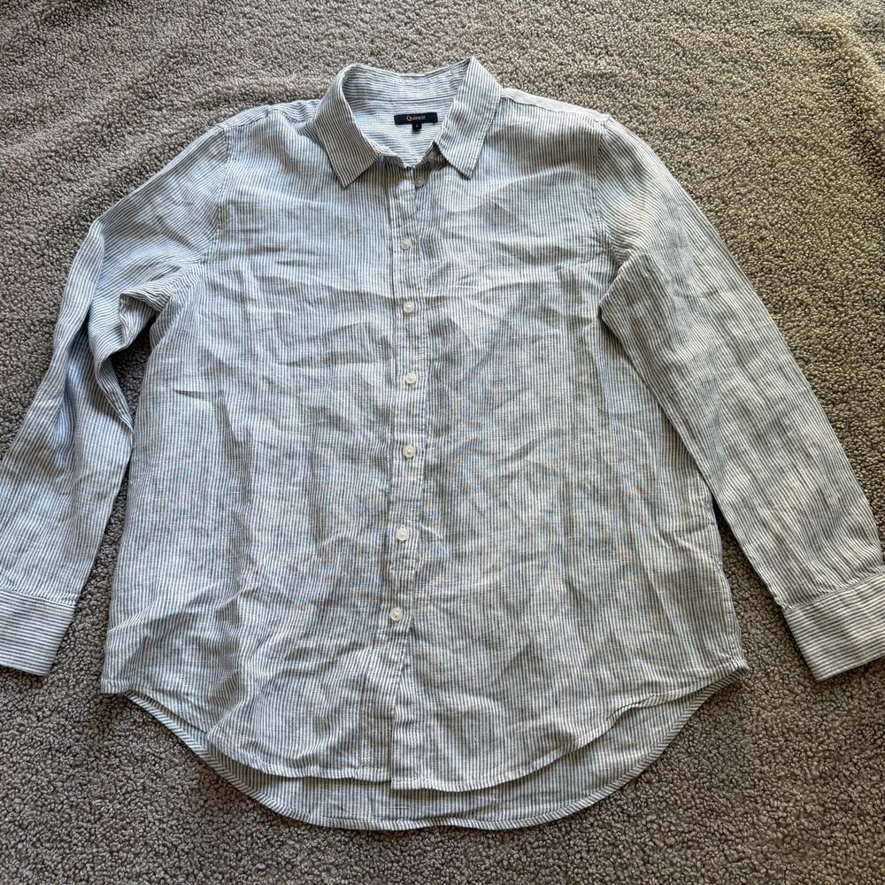 Quince Women’s 100% European Linen Long Sleeve Shirt Blue Pinstripe Size Large